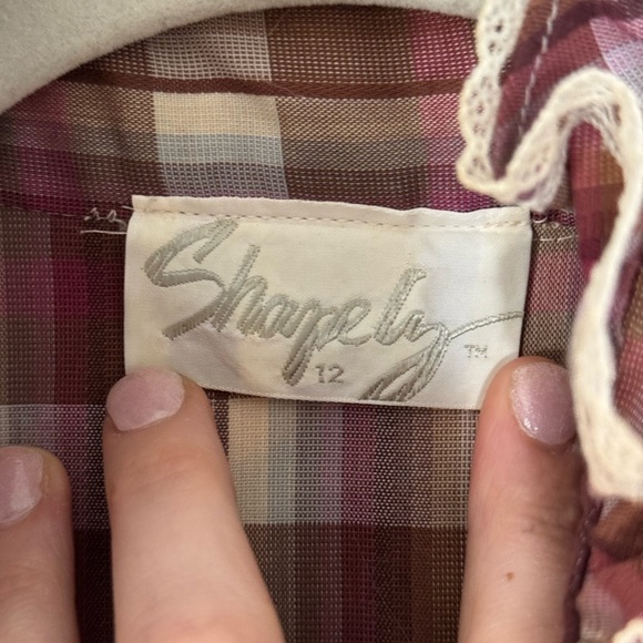 SHAPELY Cottagecore Prairie Mock Neck Button Down Plaid Maroon Shirt Size 12 - Picture 6 of 7